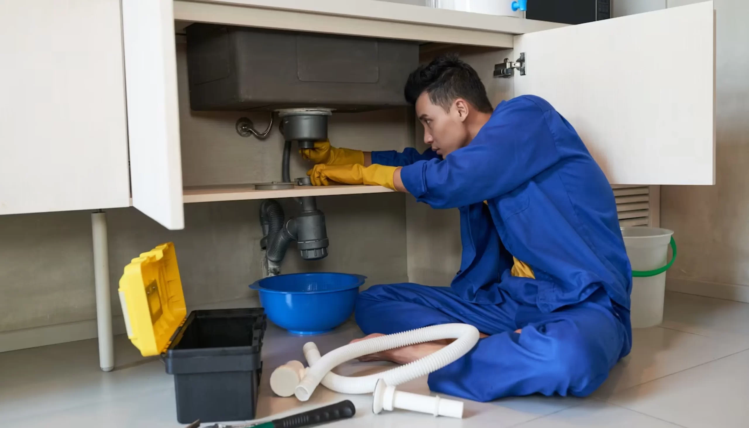 a plumber removing a blockage from a drain