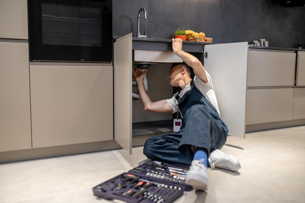 Plumber inspecting and preparing to jet clean the kitchen sink’s clogged drain pipe