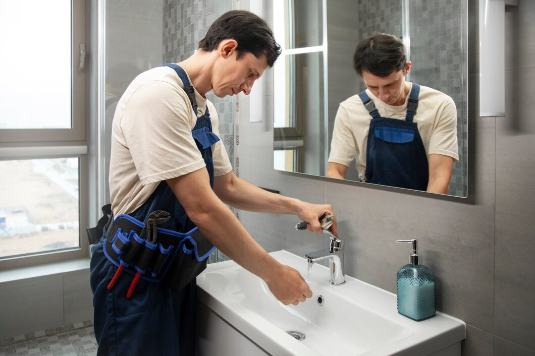 Residential plumber testing water pressure at a bathroom sink faucet