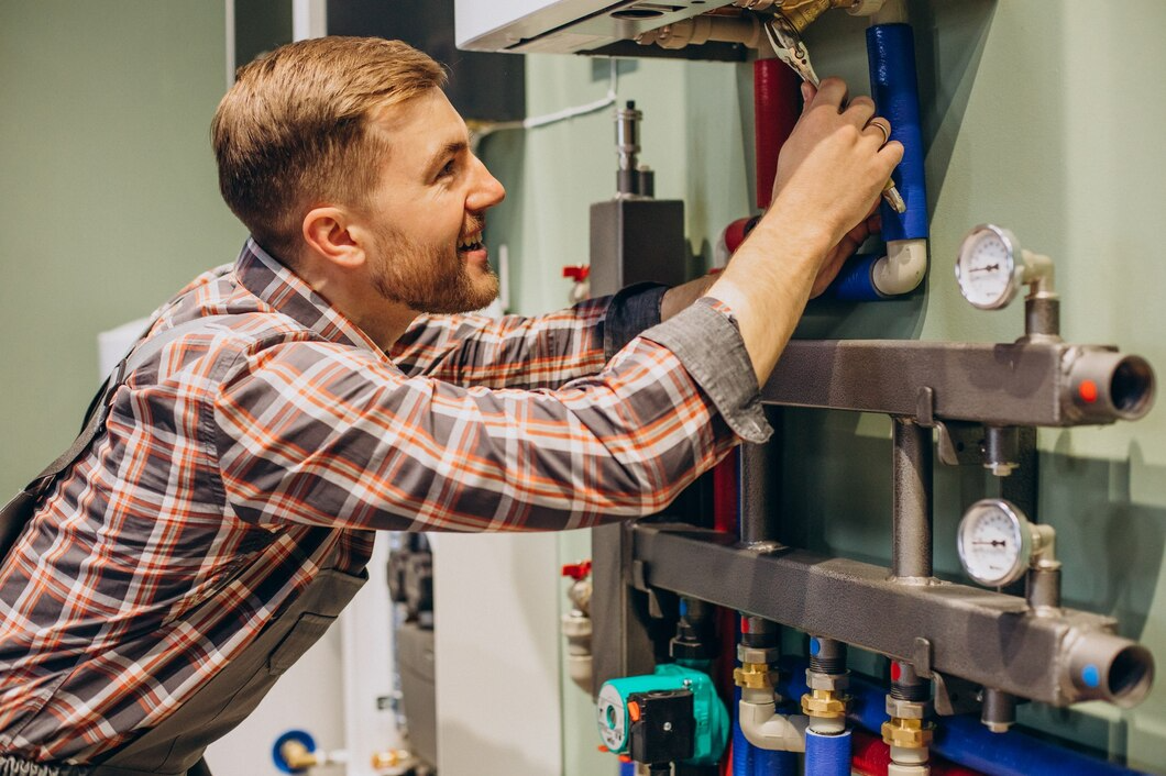 Plumber inspecting modern water heater system with gauges and insulation pipes