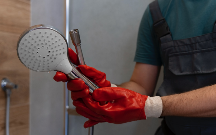 A plumber installing a water-saving low-flow showerhead in a Mount Prospect home