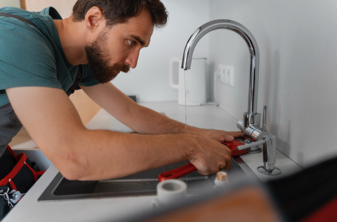 Plumber completing leaky faucet repairs in a Bolingbrook kitchen
