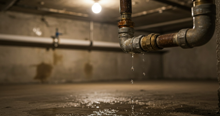 Severe water damage in a Naperville basement due to undetected pipe leak