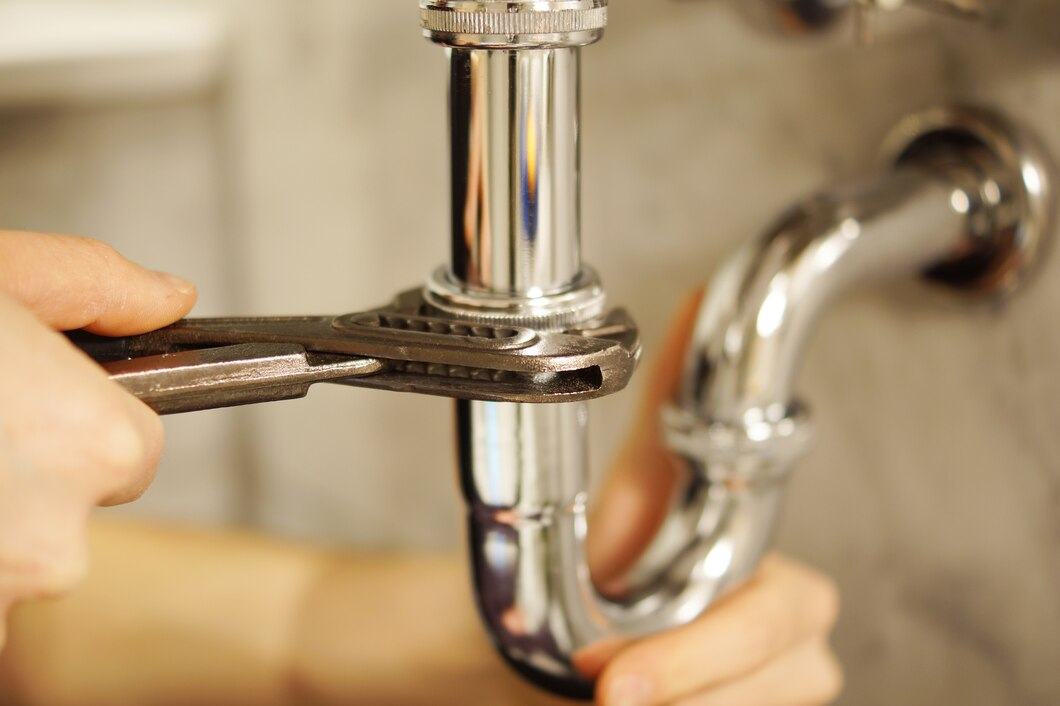 Close-up of chrome plumbing being tightened with a wrench to prevent leaks before winter