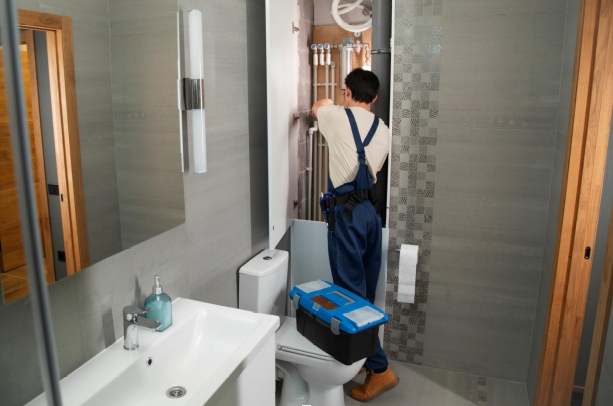 a plumber working on pipes inside a client’s bathroom